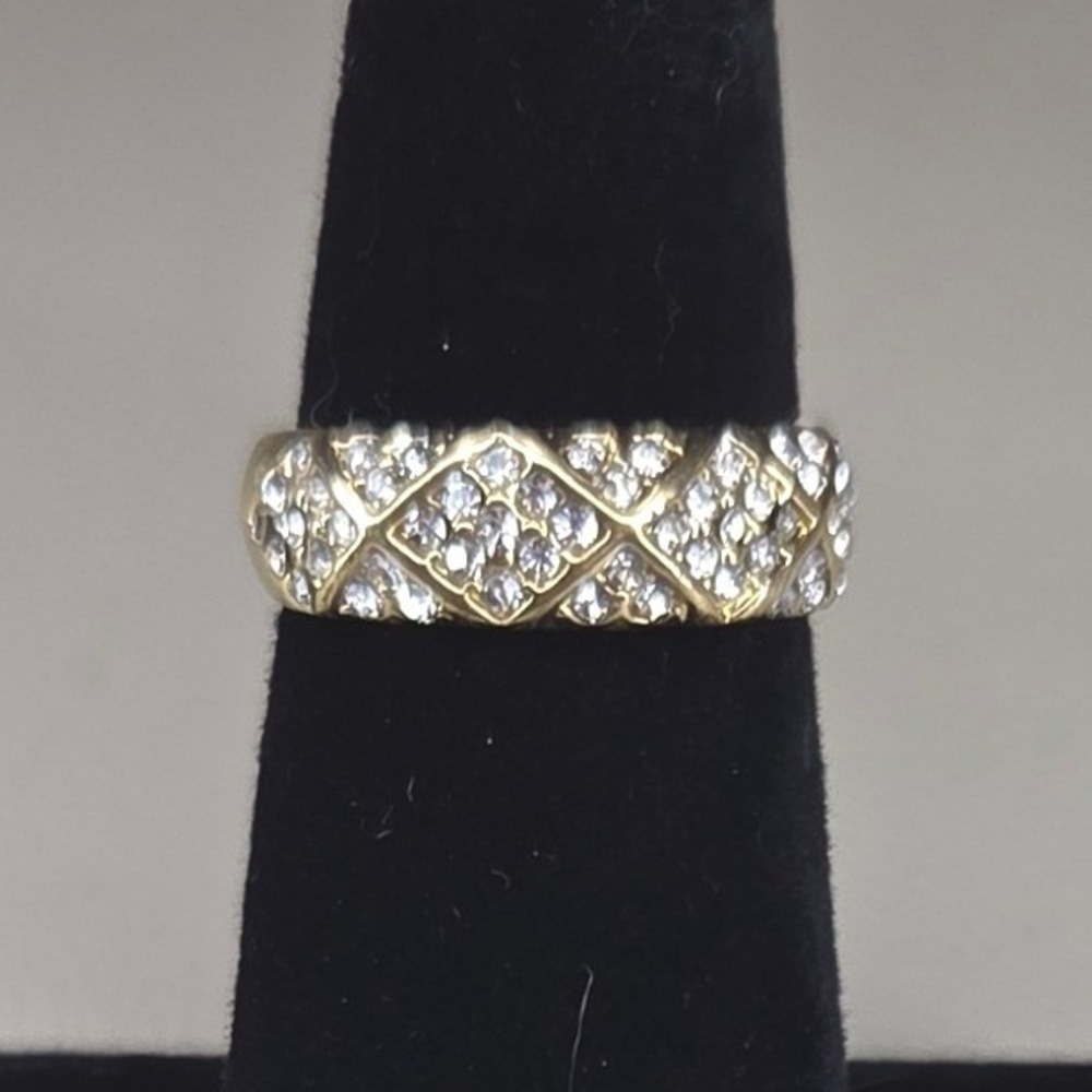 Gold Tone Crisscross Lattice Crystal Band Ring Pave Statement Size 7 0416